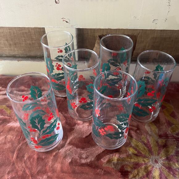 VTG 80s Set of 6 Indiana Holly Berry Holiday Highball Water Glasses Christmas - Picture 1 of 10